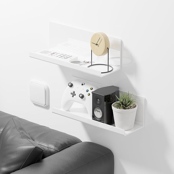 Acrylic Wall Floating Shelves Set of 2, Wall Shelves White 12 Inch Adhesive Wall Organizer Adhesive Shelf for Bathroom, Kitchen, Bedroom, Office, Gaming Room, No Damage, No Drill-NeatNest