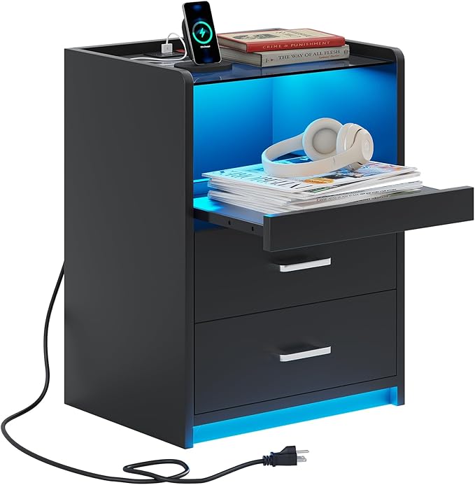 VIAGDO Nightstand with Charging Station and LED Lights, Black Night Stand with Glass Top and Storage Drawers, End Side Tables with Pull-Out Tray and USB Ports, Modern Bedside Tables for Bedroom
