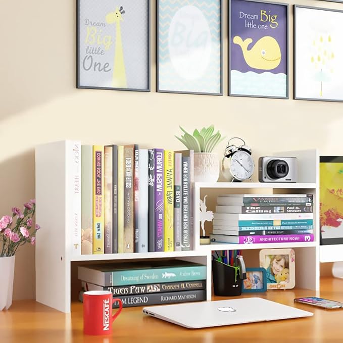 Desk Shelf, Adjustable Desktop Storage Organizer, Wood Display Shelf Rack, Office Supplies Desk Organizer,White-NeatNest