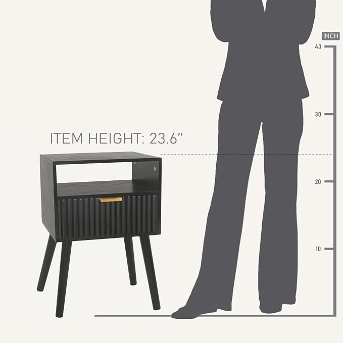 Black Nightstand, Modern Bedside Table with Fluted Drawers, Small Night Stand with Storage and Solid Wood Legs for Bedroom, Dorm and Small Space (Black)-NeatNest