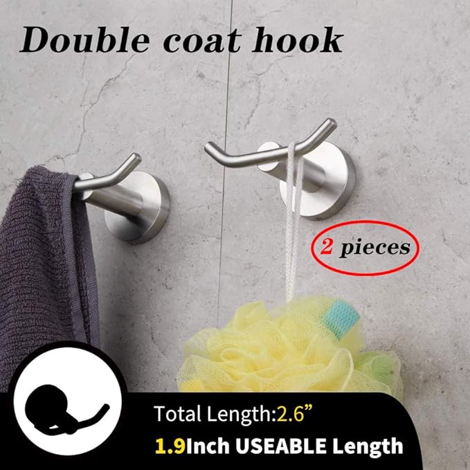 GERZ Bath Double Towel Hook SUS 304 Stainless Steel Coat/Robe Clothes Hook for Bath Kitchen Modern Hotel Style Wall Mounted 2 Pack Brushed Finish AG61908-2LS