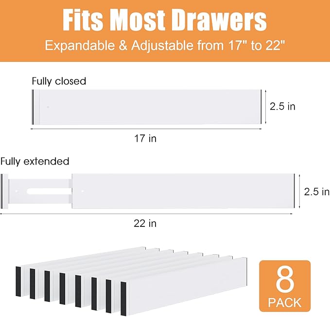 Bamboo Drawer Dividers,17-22" Adjustable Kitchen Drawer Organizer for Clothes,8 Pack Expandable Drawer Organization Separators for Bedroom,Bathroom,Dresser and Office,White-NeatNest