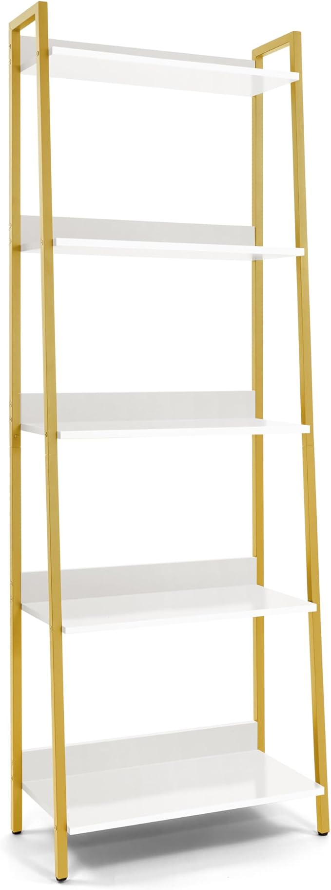 CAPHAUS 5 Tier Ladder Bookshelf, 24 Inch Width Free Standing Shelf, Bookcase Shelf Storage Rack Organizer, Industrial Book Shelves for Home Office, Living Room, Kitchen, White Shelves & Gold Frame-NeatNest