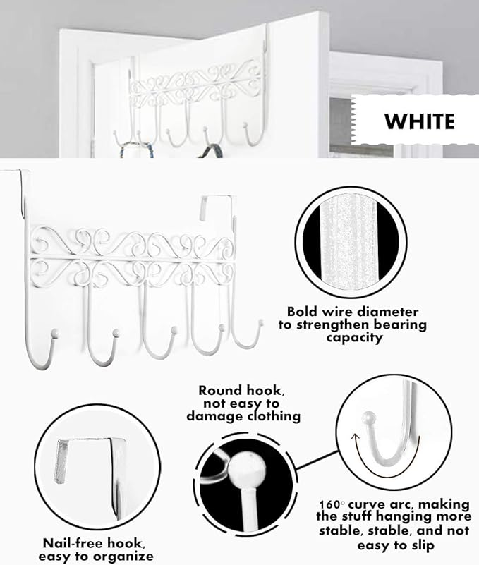 Over The Door Hook,Over Door Towel Rack,Over Door Coat Rack,Door Hanger Hook,Clothes,Belt, Hat,Behind Back of Bathroom, Towel Hanger 5 Hooks,White.