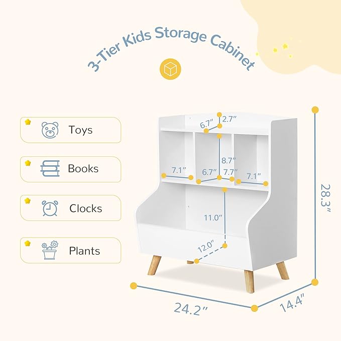 Curipeer Kids Bookshelf and Toy Storage, 3-Tier Wooden Open Bookcase, Baby Book and Toy Storage Display Organizer with Spacious Top Shelf Children, Friends, Family, White-NeatNest