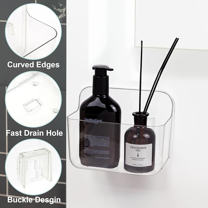 Wall Mounted Storage Organizer Bins Organizing Shelf Basket Clear Plastic Makeup Organizer Adhesive Hanging Bin Fridge Organizer for Bathroom,Kitchen,Cabinet,Pantry,Countertops (L(7×3.9×5.5"))-NeatNest