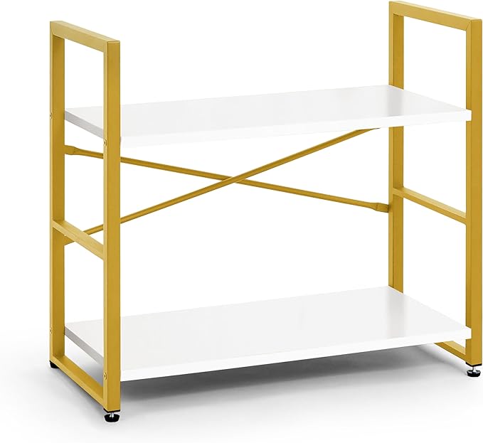 CAPHAUS 2 Tier Small Bookshelf, 24 Inch Width Free Standing Shelf, Bookcase Shelf Storage Organizer, Industrial Book Shelves for Home Office, Living Room, White Wooden Shelves & Gold Frame-NeatNest