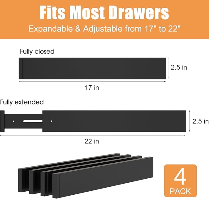 Bamboo Drawer Dividers,17-22" Adjustable Kitchen Drawer Organizer for Clothes,4 Pack Expandable Drawer Organization Separators for Bedroom,Bathroom,Dresser and Office,Black-NeatNest
