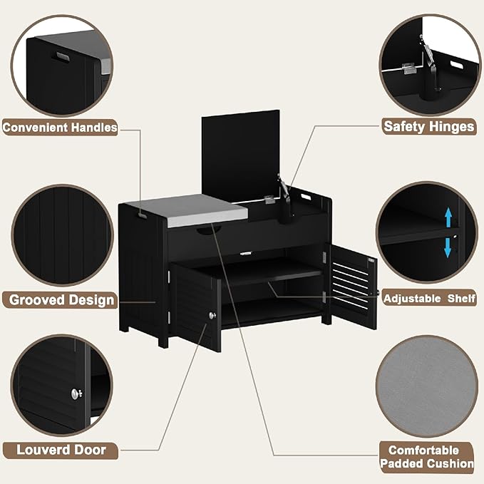 ChooChoo Shoe Storage Bench with Lift Top Storage, Entryway Bench with 2 Cushioned Seats, 3 Compartments, Adjustable Shelf, Shoe Cabinet for Entryway, Bedroom, Living Room, Black-NeatNest