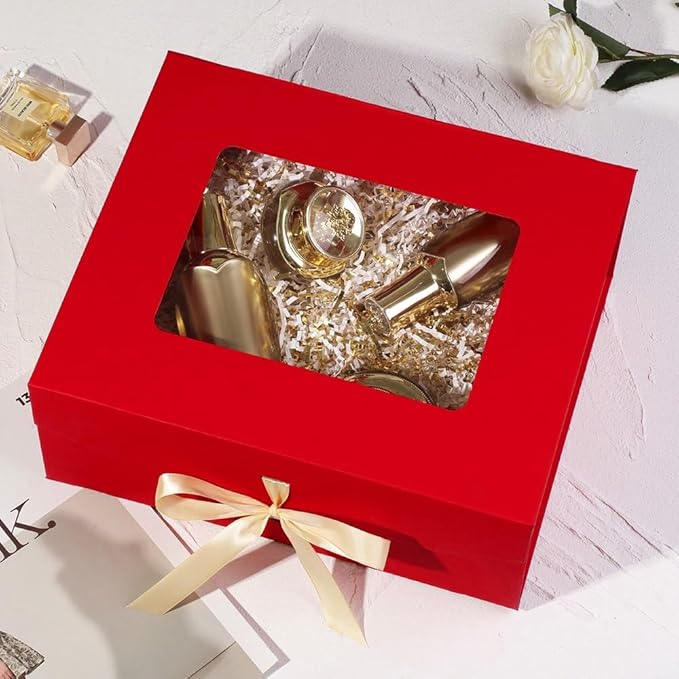 5 Pcs Red Gift Box for Presents with Ribbon 13.2x11x5.3 Inches Clear Gift Box with Window Magnetic Closure Gift Boxes with Lids-NeatNest