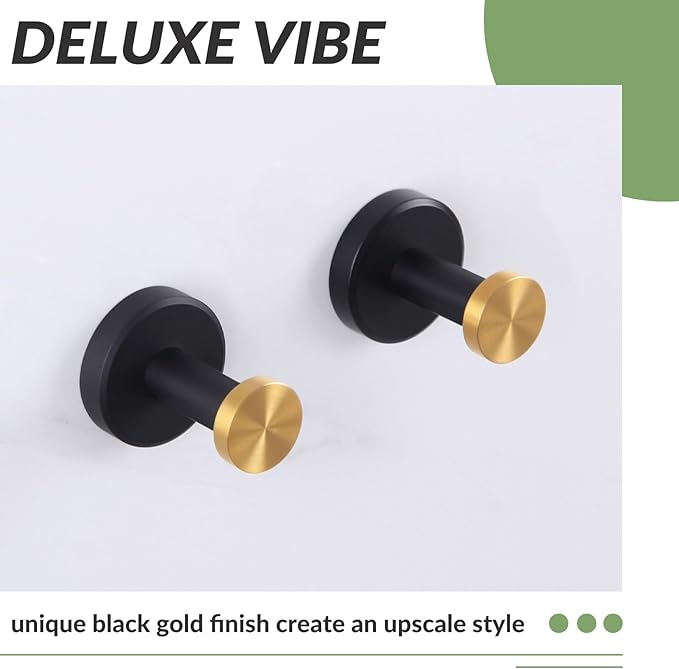 APLusee Bathroom Robe Towel Hook 2 Pack, Stainless Steel Round Clothes Holder, Toilet Bath Kitchen Door Wall Mounted Hanger, Black Gold