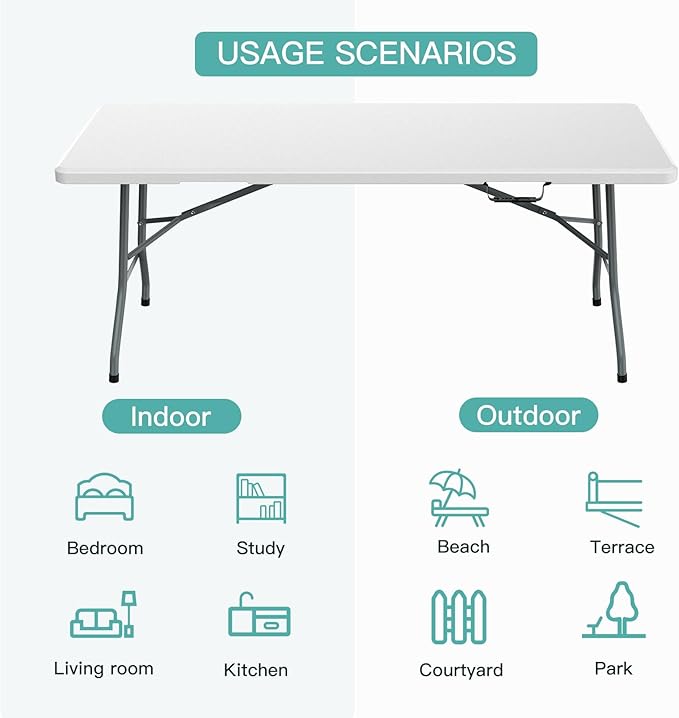 Generic 6 ft Folding Table, Portable Heavy Duty HDPE Fold-in Table, Lightweight Folding Table, Foldable Plastic Card Table for Party, Dining, Barbecue, Board Game with Carrying Handle - White-NeatNest