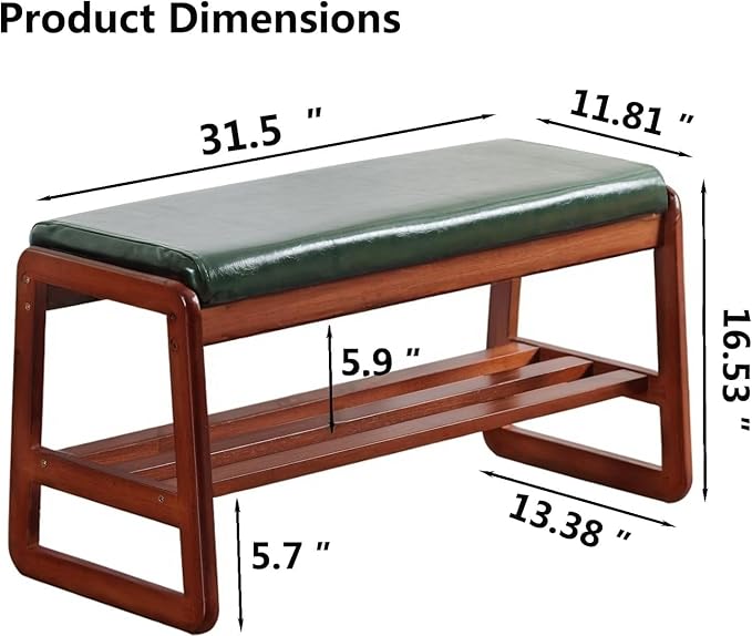 Solid Wood Shoe Bench, 2-Tier Wooden Entryway Bench, Modern Shoe Rack with Faux Leather Cushion for Hallway, Living Room (Green, 31.5'')