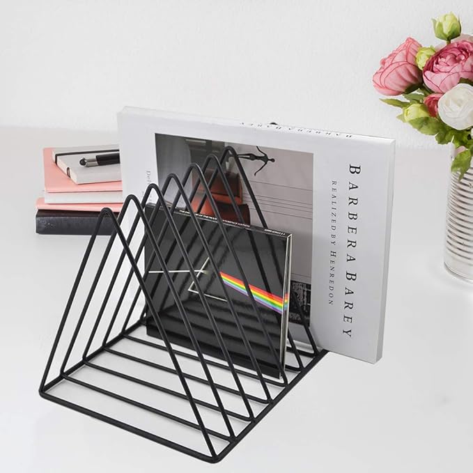 EASEPRES 9 Slot Magazine Rack Book Record Holder, Desktop Iron Storage Rack Bookshelf Multifunction Triangle File Organizer Sorter for Decor Home Office, Black Pack of 2