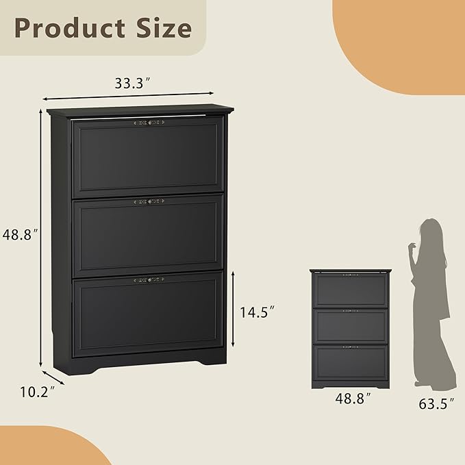 3 Flips Shoe Cabinet for Entryway, Narrow Shoe Storage Cabinet with Adjustable Shelves, Wooden Space-Saving Organizer and Rack for Foyer, Closet, Hallway