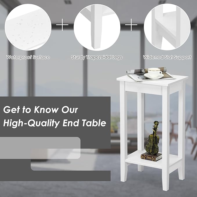 Giantex 2-Tier End Table Tall Set of 2 Nightstand, Simple Design Sofa Bedside Table with Versatile Shelf and Wooden Legs for Small Spaces, Living Room, Study, Bedroom, Narrow Telephone Table, White