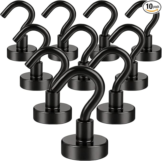 DIYMAG Magnetic Hooks, 30Lbs Facilitate Hook Neodymium Magnet Hooks with Nickel Coating for Cruise,Kitchen, Home, Workplace, Office and Garage etc, 10 Packs (Black)-NeatNest