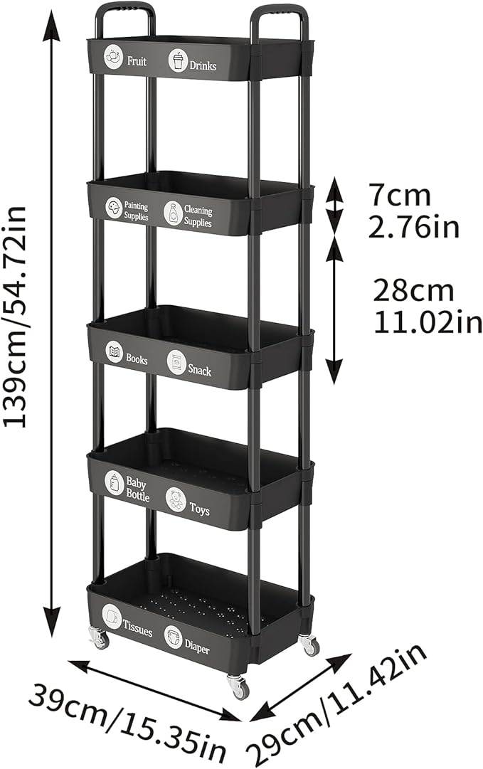 Laiensia Storage Cart,Multifunction Utility Rolling Cart Kitchen Storage Organizer,Mobile Shelving Unit Cart with Lockable Wheels for Bathroom,Laundry,with Classified Stickers-NeatNest