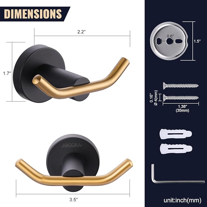 ARCORA Towel Hooks Black and Gold, SUS 304 Stainless Steel Wall Hooks, Heavy Duty Robe Hooks 1 Pack, Bathroom Towel Hooks for Wall