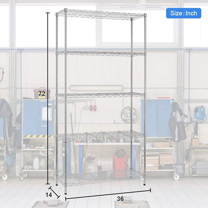 BestOffice 14''Wx36''Dx72''H NSF Wire Shelf Metal 5 Shelf Wire Shelving Unit Storage Shelves Heavy Duty Height Adjustable Utility Commercial Grade Steel Layer Shelf Rack Organizer,Chrome-NeatNest