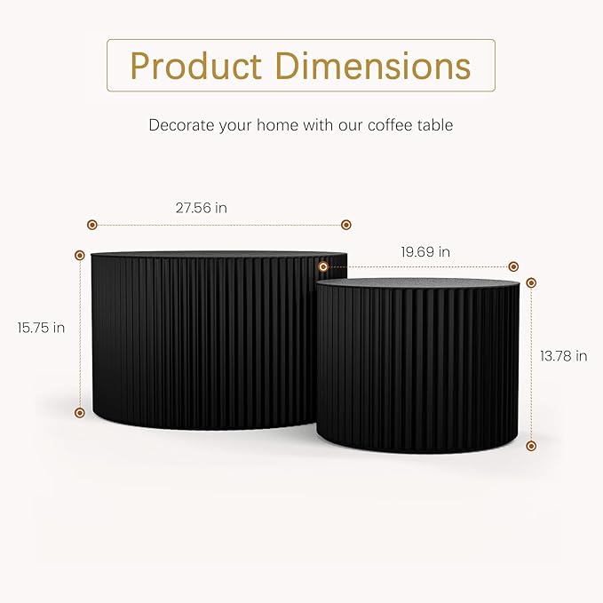 Round Coffee Table Set of 2 Modern Nesting Coffee Tables Wooden Drum Coffee Tables with Non-Slip Feet, Circle Nesting Tables End Table for Living Room Office, No Assembly (Black 27.56"+19.69")
