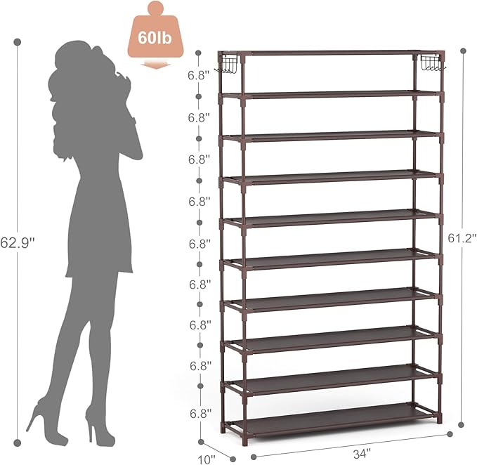 10 Tiers Shoe Rack 50 Pairs Large Capacity Tall Shoe Organizer Sturdy Shoe Storage with Two Hooks Space Saving Metal Wide Shoe Rack for Closet, Entryway, Bedroom, Brown-NeatNest