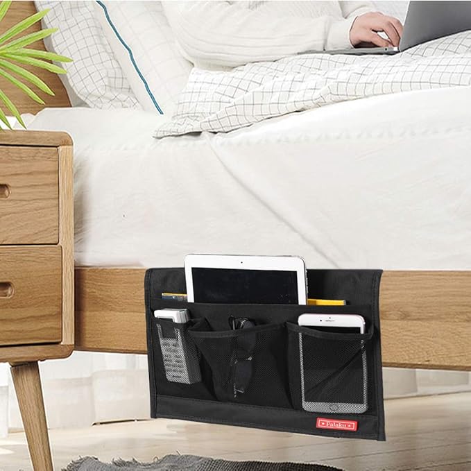 Bedside Caddy,Bedside Organizer Caddy Under Mattress,Holds Magazines,Books (4 Pockets-Black)-NeatNest