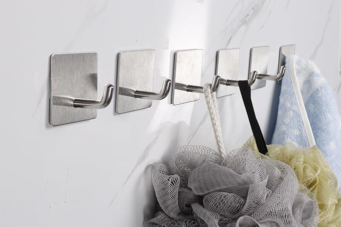 Bath Towel Hooks -10 Pack Strong Self Adhesive Coat/Clothes Hooks, No Drilling Sticky Hooks, Heavy Duty 304 Stainless Steel Shower Wall Hook for Bathroom Kitchen Bedroom(Brushed Nickel)