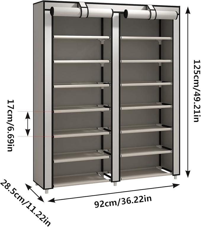 JIUYOTREE Double Row Shoe Rack Storage Organizer with Big Capacity,7-Tier Shoe Cabinet,Shelf,Closet with Nonwoven Fabric Cover for 28 Pairs of Shoes,Grey-NeatNest