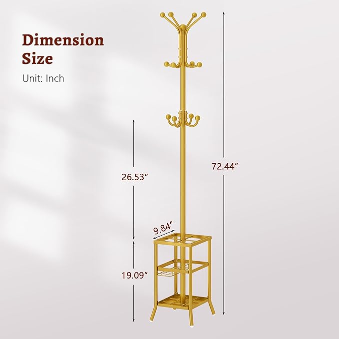 FAVOOSTY Coat Rack Freestanding,Coat Rack Stand with Umbrella Holder,Metal Coat Tree with 12 Hooks,Tree Clothes Hat for Entryway, Hallway, Bedroom, Living Room & Office -Glod-NeatNest