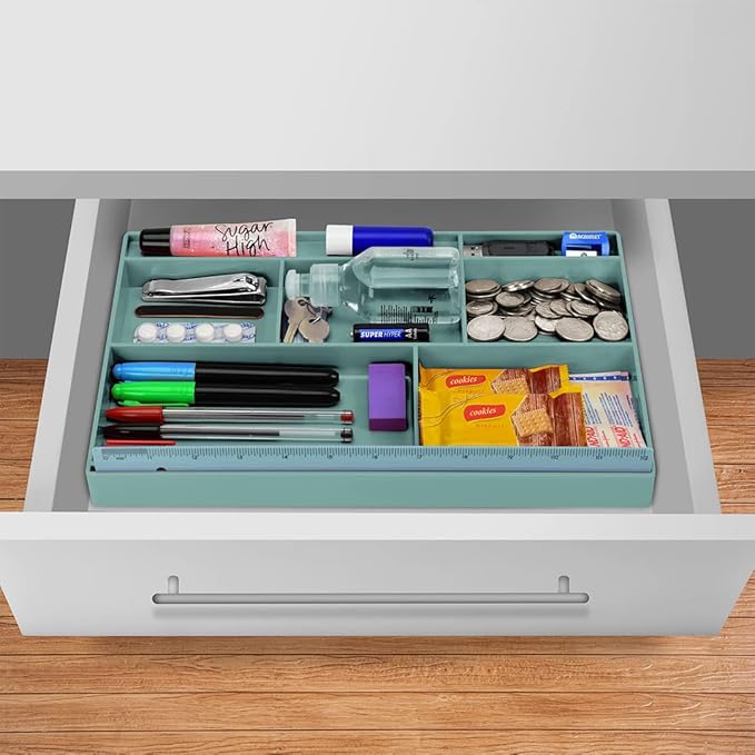 Acrimet Desk Drawer Organizer Tray with 8 Compartments – Multi-Purpose Bin for Office Supplies, Makeup, and Accessories – Fits inside Drawers or Desktops, 12.75" x 8" x 1.06" (Plastic) (Green Color)-NeatNest