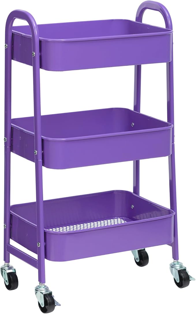 AGTEK Makeup Cart, Movable Rolling Organizer Cart, 3 Tier Metal Utility Cart with Lockable Wheels for Home & Office, Violet-NeatNest