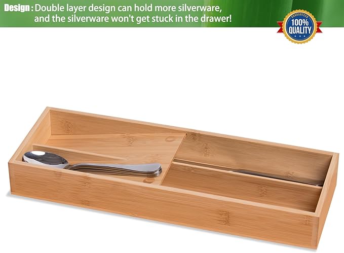 Bamboo Silverware Drawer Organizer, Kitchen Small Silverware Organizer, Utensil Tray Holder, Cutlery Tray for Spoons, Forks, Knives, Suitable for a family of 2-4-NeatNest