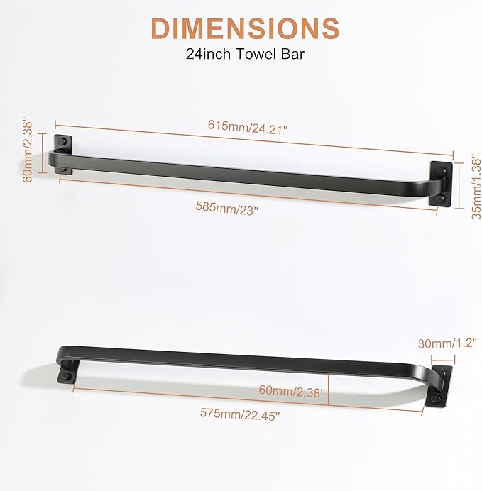 Bathroom Towel Bar, 24 inch Towel Racks for Bathroom Wall Mounted, SUS304 Stainless Steel Heavy Duty Towel Holder Bathroom Accessories Modern Home Decor, Matte Black Finished
