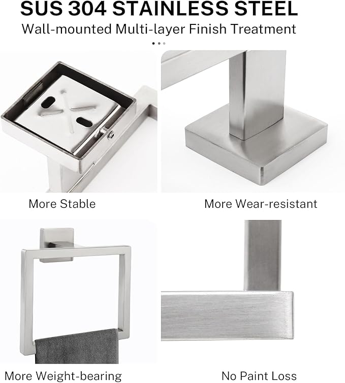 2-Piece Brushed Nickel Square Towel Ring,Modern Hand Towel Holder for Bathroom,SUS304 Stainless Steel Towel Hangers Wall-Mounted