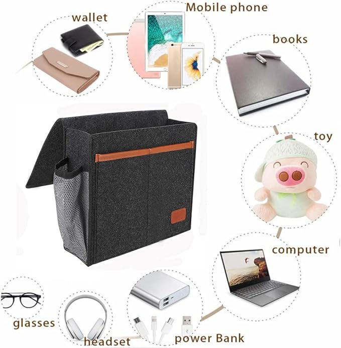 Bedside Caddy,Felt Bedside Storage Organizer, Hanging Storage for Dorm Bed Sofa for tablet Magazine Phone Remotes and Water Bottle Holder (Black)-NeatNest
