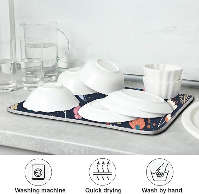 Dish Drying Mat for Kitchen Counter Colorful Flowers Black Absorbent Drying Matt for Dishes Sink Countertop 16'' x 18''