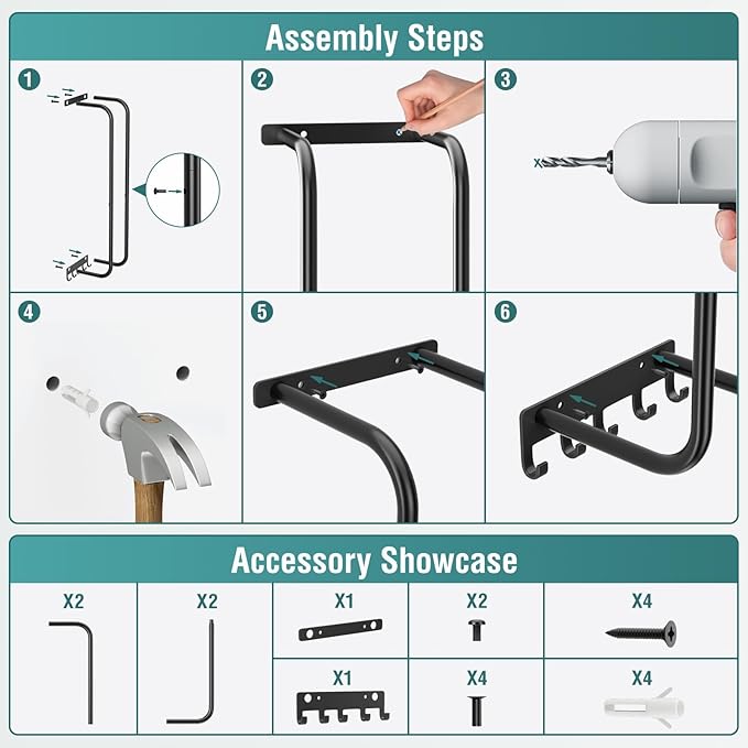 Towel Rack Bathroom Wall Holder: 15.9 Inch Wall Mounted Shower Organizer, for Rolled Towel Storage, 2 Metal Racks Plus Extra 5 Hooks, for Modern Small Space Bathroom, RV Campers (Matte Black)