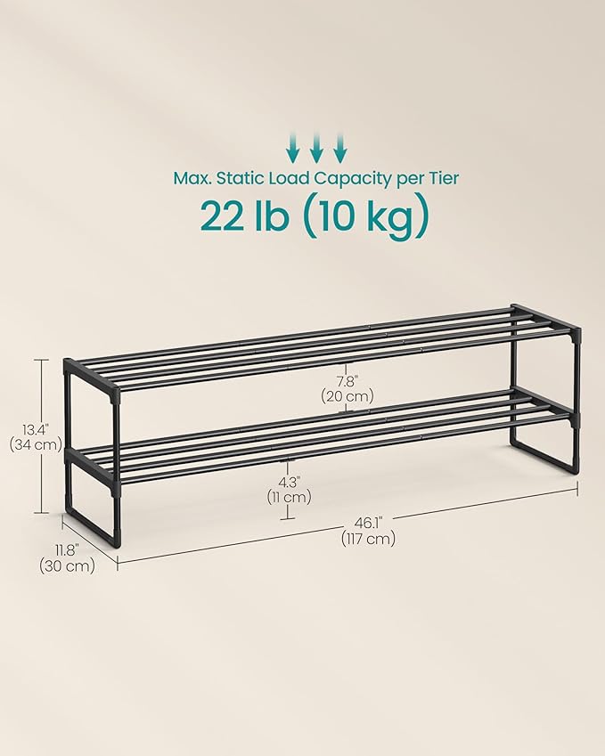 SONGMICS Shoe Rack, 2-Tier Shoe Organizer, Metal Storage Shelf, Upright or Upside Down, for 15-18 Pairs, Stackable, for Entryway, 11.8 x 46.1 x 13.4 Inches, Black ULSA032B01-NeatNest