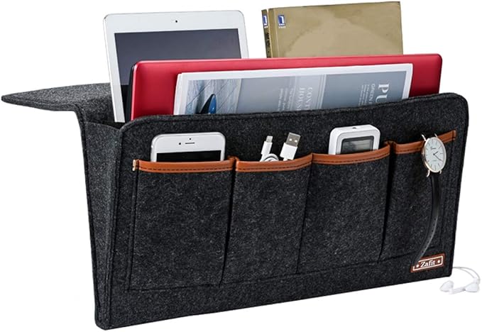 Bedside Caddy, 7 Pockets Large Size Bedside Organizer Caddy for Magazine Remotes Phone (17.3'' x 18.1'', Dark Grey)-NeatNest