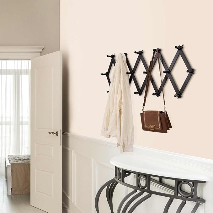 Accordion Wall Hanger with 16 Hooks, Wooden Wall Expandable Coat Rack for Coat, Hats, Baseball Caps, Coffee Mug, Jewelry(Black)-NeatNest