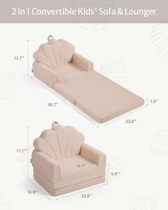 Blissful Diary Kids Couch, 2-in-1 Soft Toddler Couch Fold Out, Toddler Chair Comfy, Convertible Sofa to Lounger, Kids Furniture for Playroom, Gift for Birthday, Children's Day, Beige Shell-NeatNest