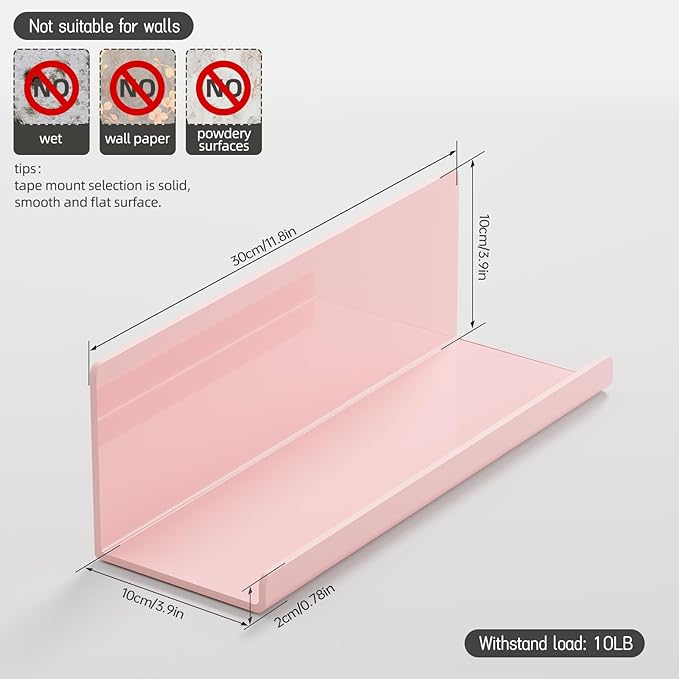 Adhesive Floating Shelves for Wall No Drilling, 12 Inch Acrylic Self Adhesive Shelves, Stick on Shelves, Dorm Wall Shelf, for Bathroom, Kitchen, Bedroom, Office, Gaming Room, Pink