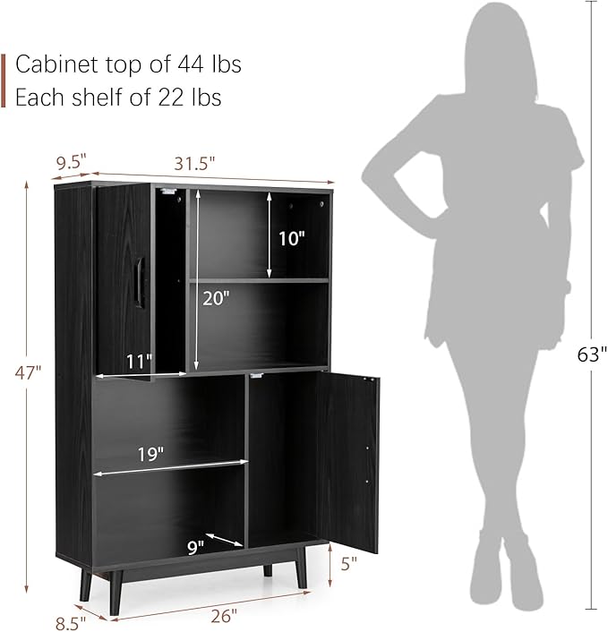 Giantex Storage Cabinet with Legs, Floor Cabinet with Doors, Shelves, Anti-Tipping Device, 4-Tier Bookshelf for Books & Photos, Tall Cupboard in Living Room, Kitchen Buffet Sideboard (Black)