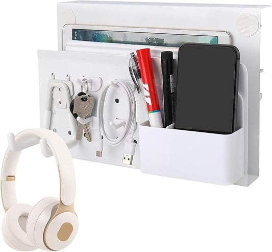 Desk Side Storage with Pen Holder & Hanging Hooks, No Drill Hanging Desk Organizer Under Desk Storage Mount, Clamp-On Laptop Holder Table Side Tray for Office and Home (White)-NeatNest