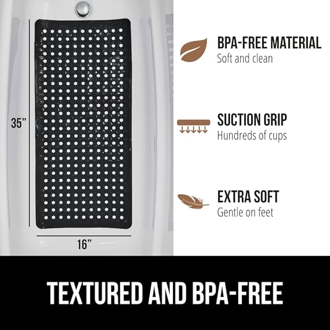 GORILLA GRIP Patented Bath Tub Shower Mat, Machine Washable Bathtub Floor Liner Mats, Suction Cups and Drain Holes to Keep Tubs Clean, Soft on Feet, Bathroom Essentials, 35x16 Inch, Black-NeatNest