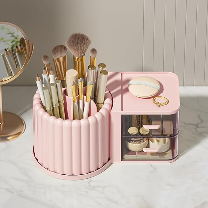 Makeup Organizer Countertop,360 Rotating Makeup Brush Holder With 2 Drawers,Small Preppy Organizer |9.25x5.11inch|Pink-NeatNest