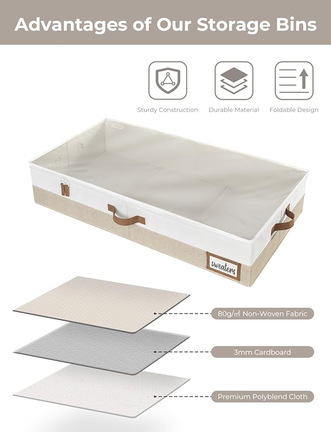StorageWorks Large Under Bed Storage Containers with Handles and Label Holder, 2 Pack Ultra-thick Fabric Underbed Bins, Closet Organizer for Clothes, Blankets, Sweater-NeatNest