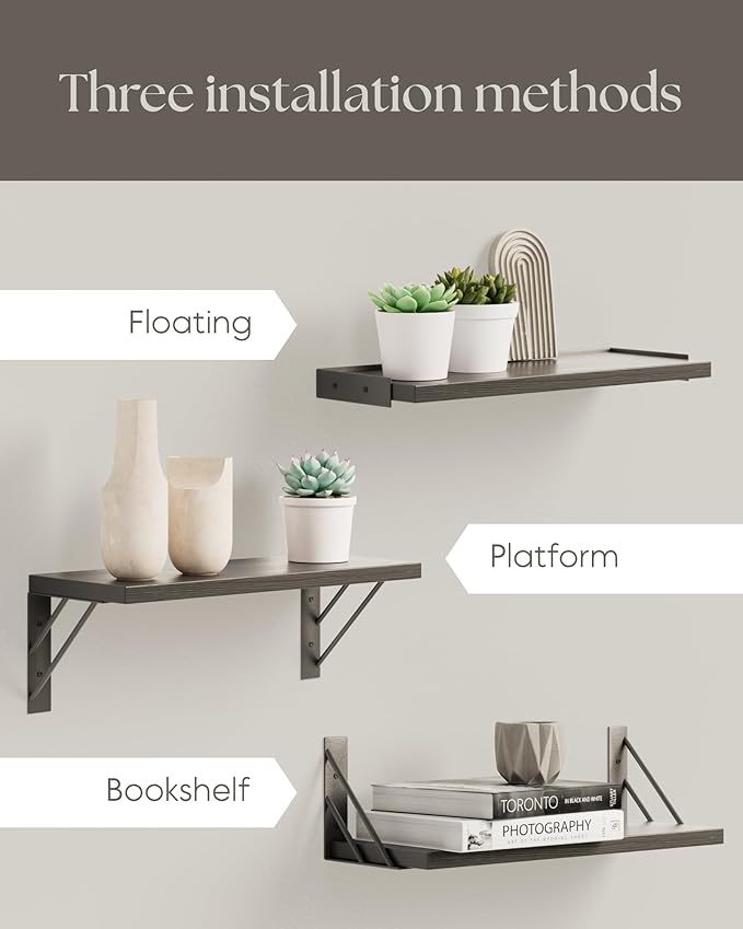 BAYKA Floating Shelves for Bedroom Decor, Wall Shelves for Storage, Wall Mounted Rustic Wood Floating Shelf for Books,Corner Shelf for Bathroom,Kitchen,Living Room(Black and Gold,Set of 4)-NeatNest