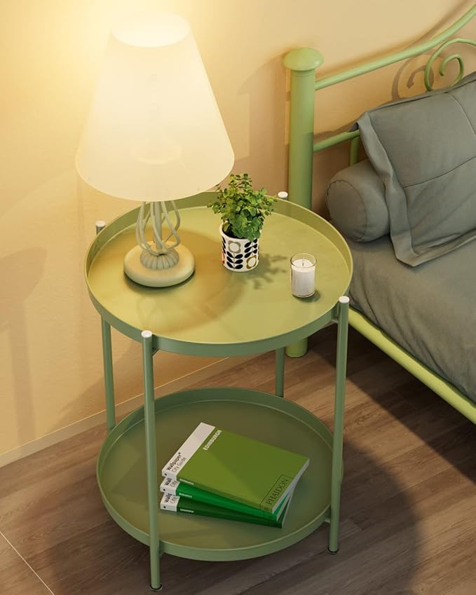 EKNITEY 2 Tier End Table - Metal Side Table Waterproof Small Sofa Coffee Side Tables Bedroom Indoor Outdoor with Removable Tray for Living Room Bedroom Balcony and Office (Atrovirens)-NeatNest